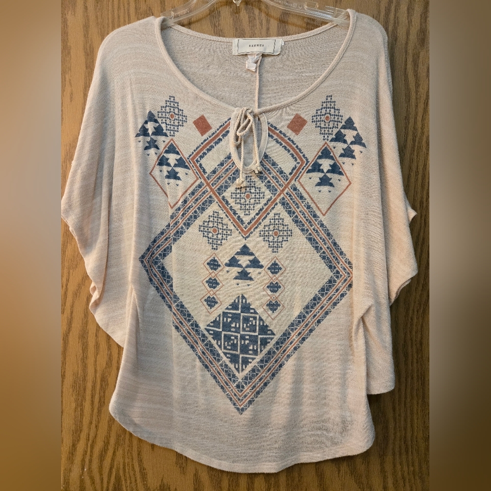 Ladies Off White Aztec Blouse With Brown and Blue Details